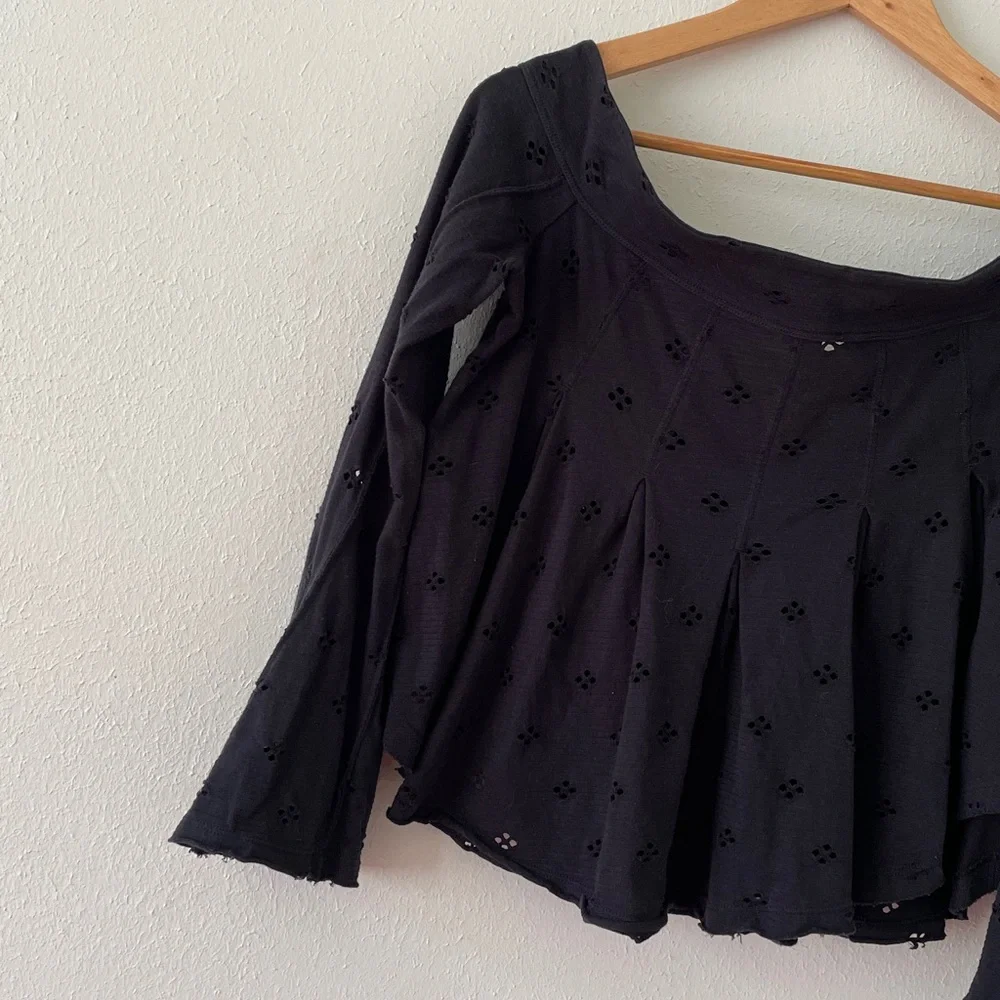 Free People Eyelet Blouse Flare Sleeve Washed Boho Black Medium